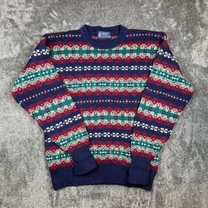 Kenneth Gordon Avon Scottish Shetland Wool Fair Isle Sweater Mens Large Navy Red